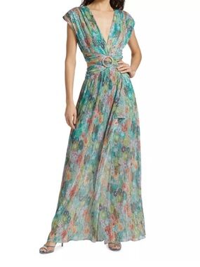 New Ramy Brook Genesis Floral Foil Cut Out Gown blue size 12